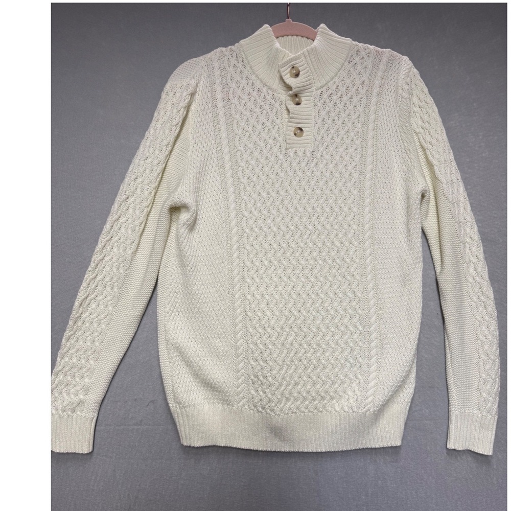 Cat & Jack Cable Knit Sweater Boys XL 14 Cream White Excellent Mock Neck Button